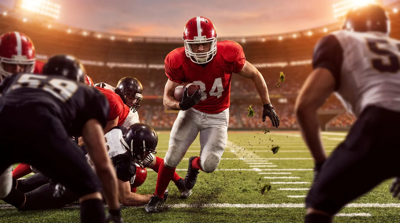 NFL running back breaking through the line during a rushing yards prop scenario