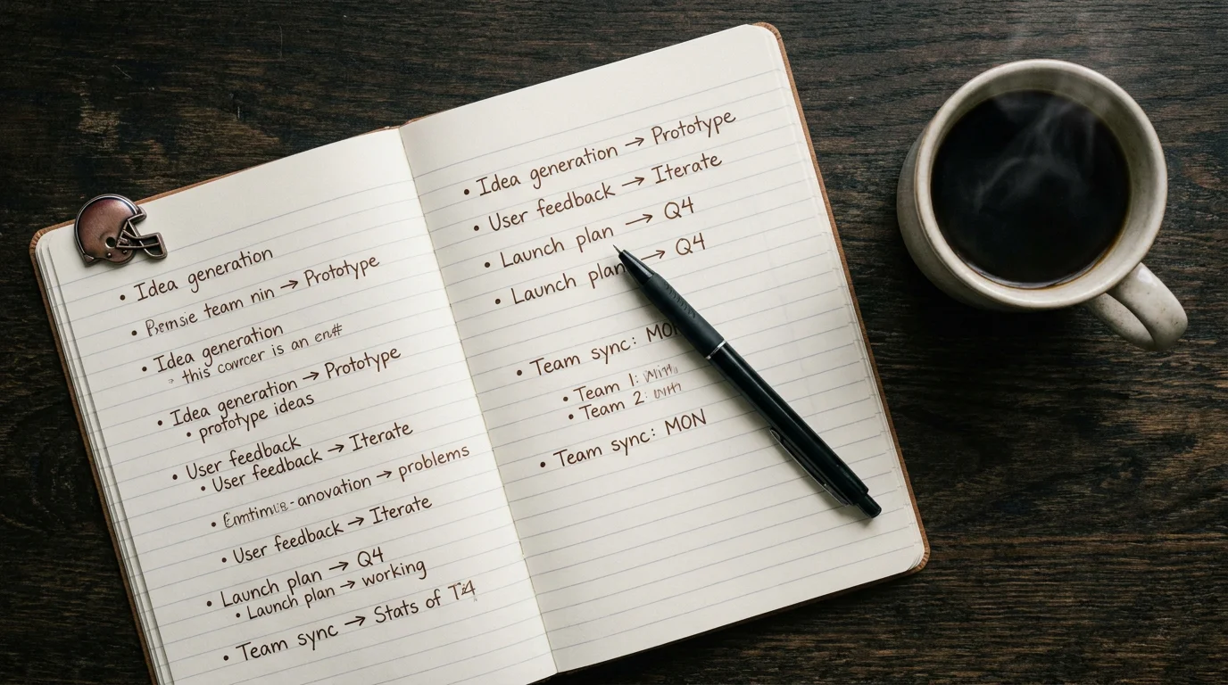 Open paper notebook with handwritten notes planning NFL betting angles across the season