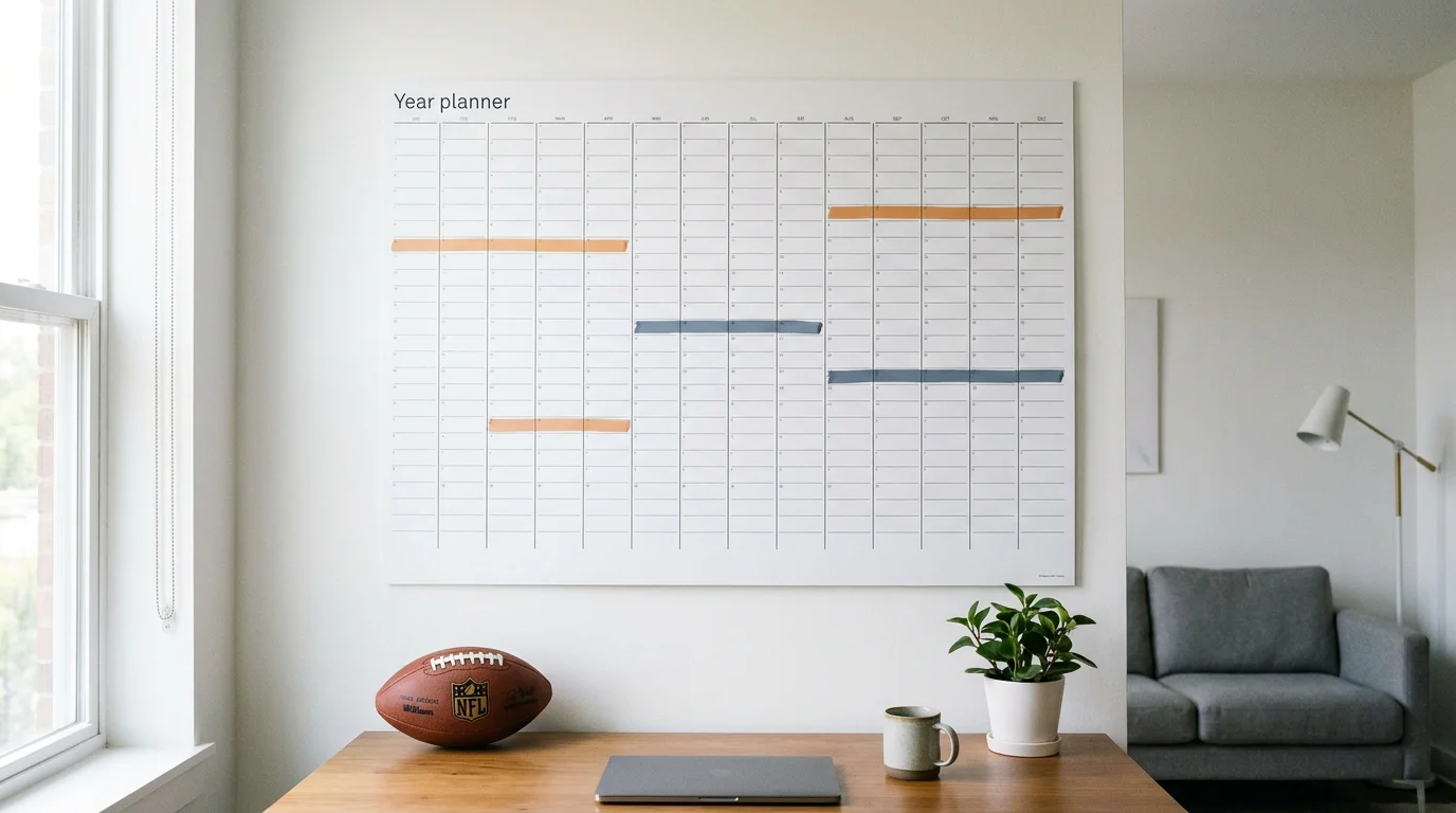 Wall-mounted NFL season planner with weekly fixtures highlighted in a UK office