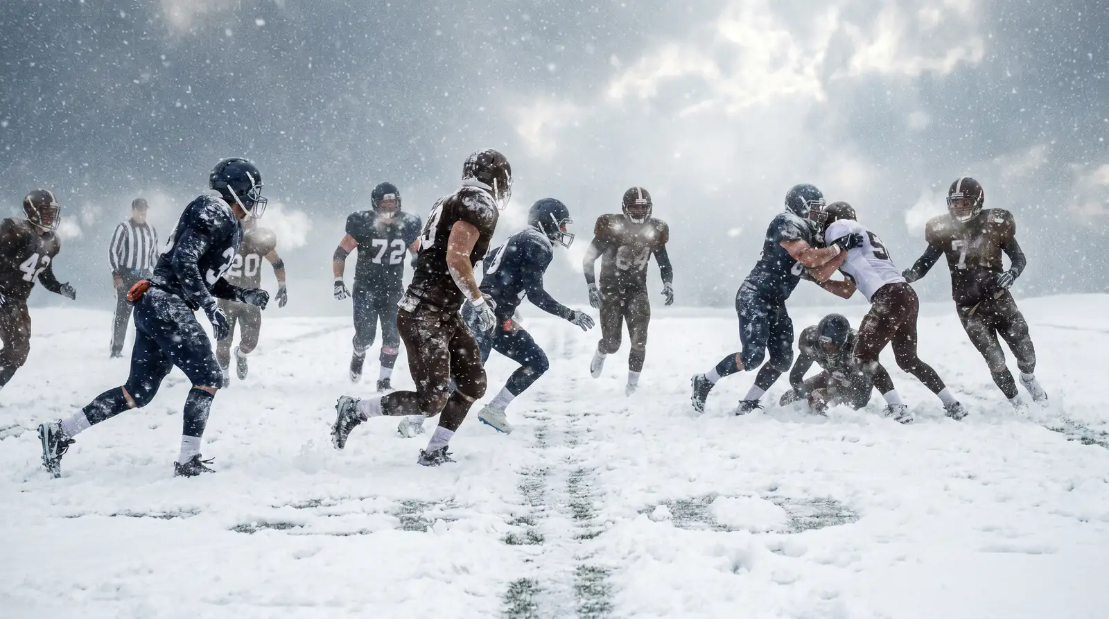 NFL stadium during heavy snowfall with players running through a snow-covered field