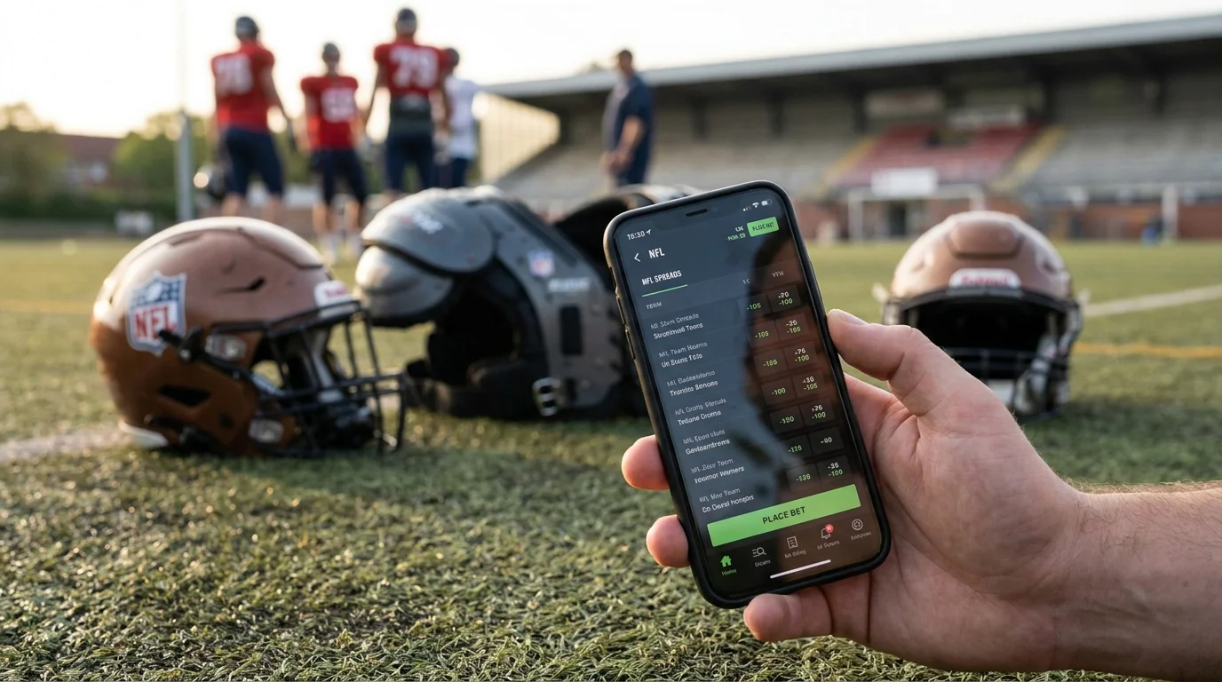 Close-up of an NFL spread betting slip on a smartphone with a UK bookmaker