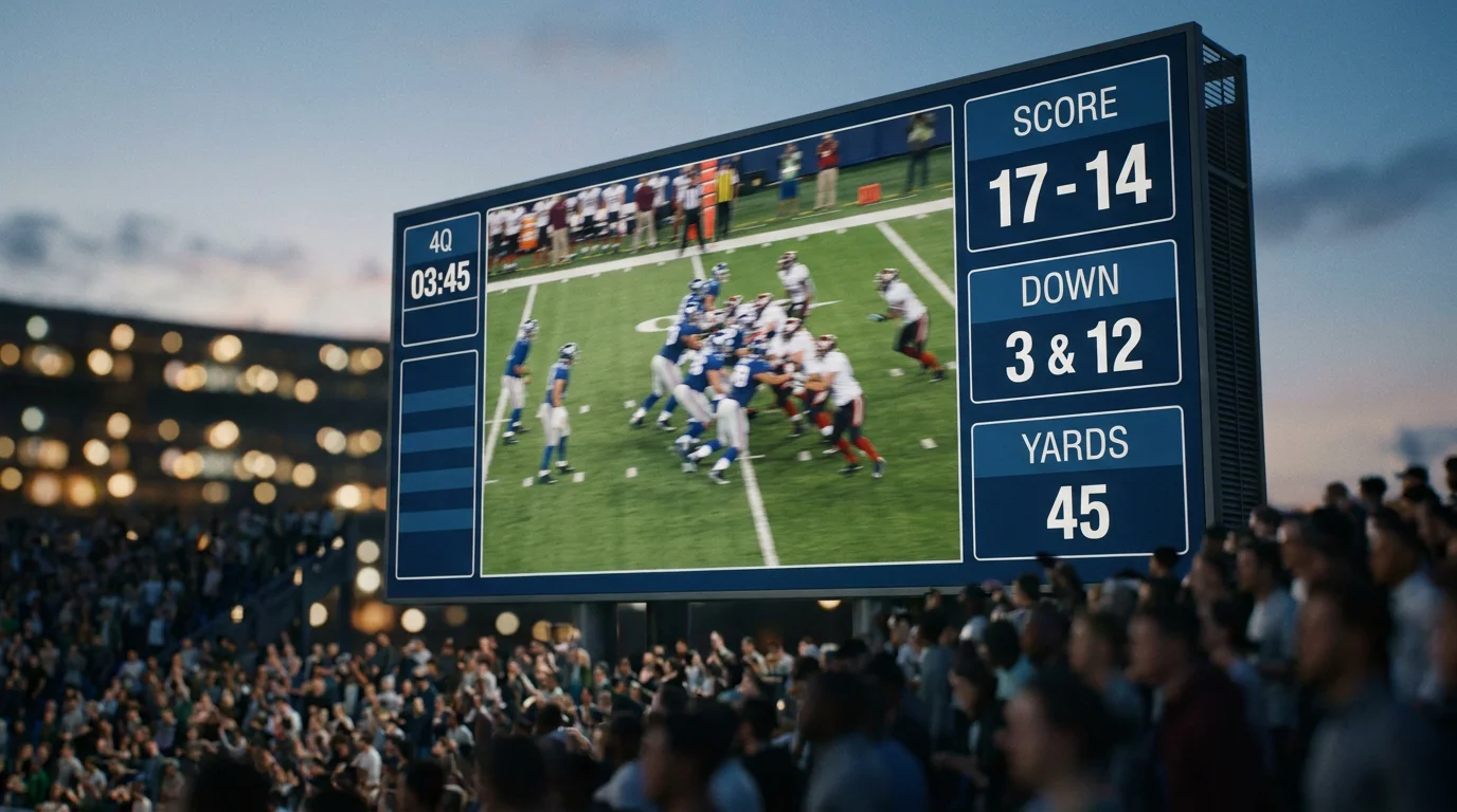 Stadium scoreboard showing NFL game with overlaid spread, moneyline and totals markets