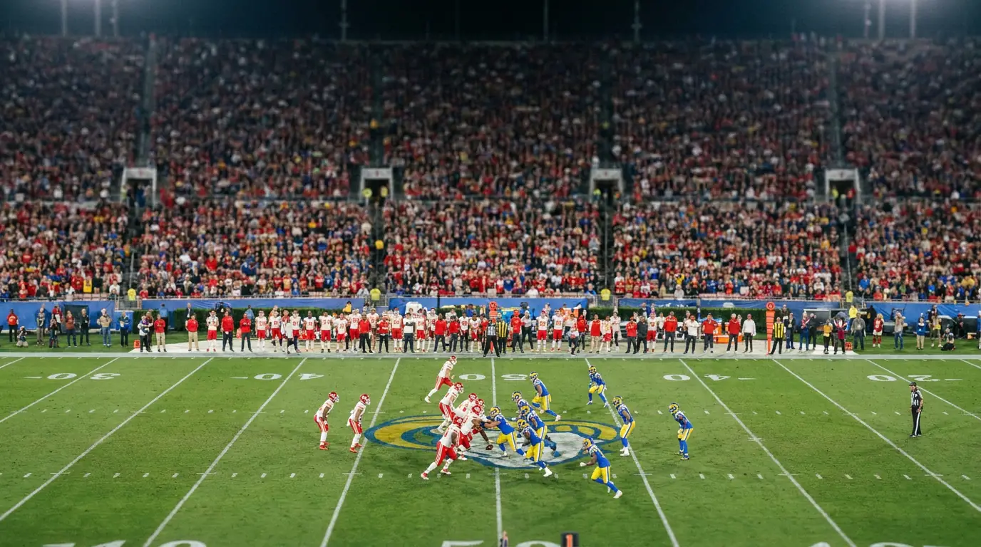 Wide stadium view during a high-scoring NFL game with players in motion downfield