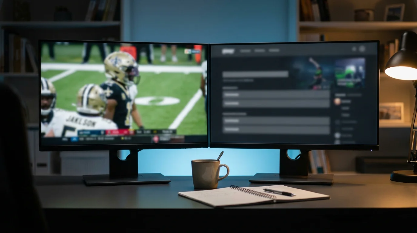 Multi-monitor desktop setup showing different NFL Sunday slate games and markets