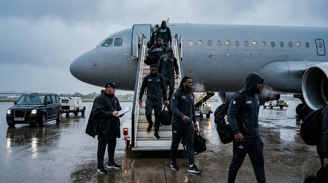 NFL squad disembarking a transatlantic flight ahead of a London Games kickoff