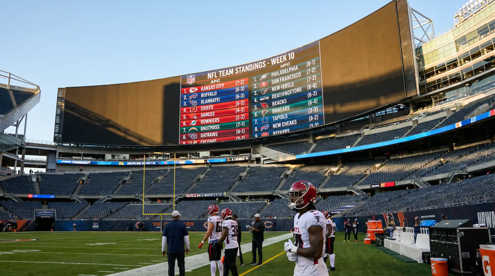 NFL team standings display on a stadium video board showing top conference records