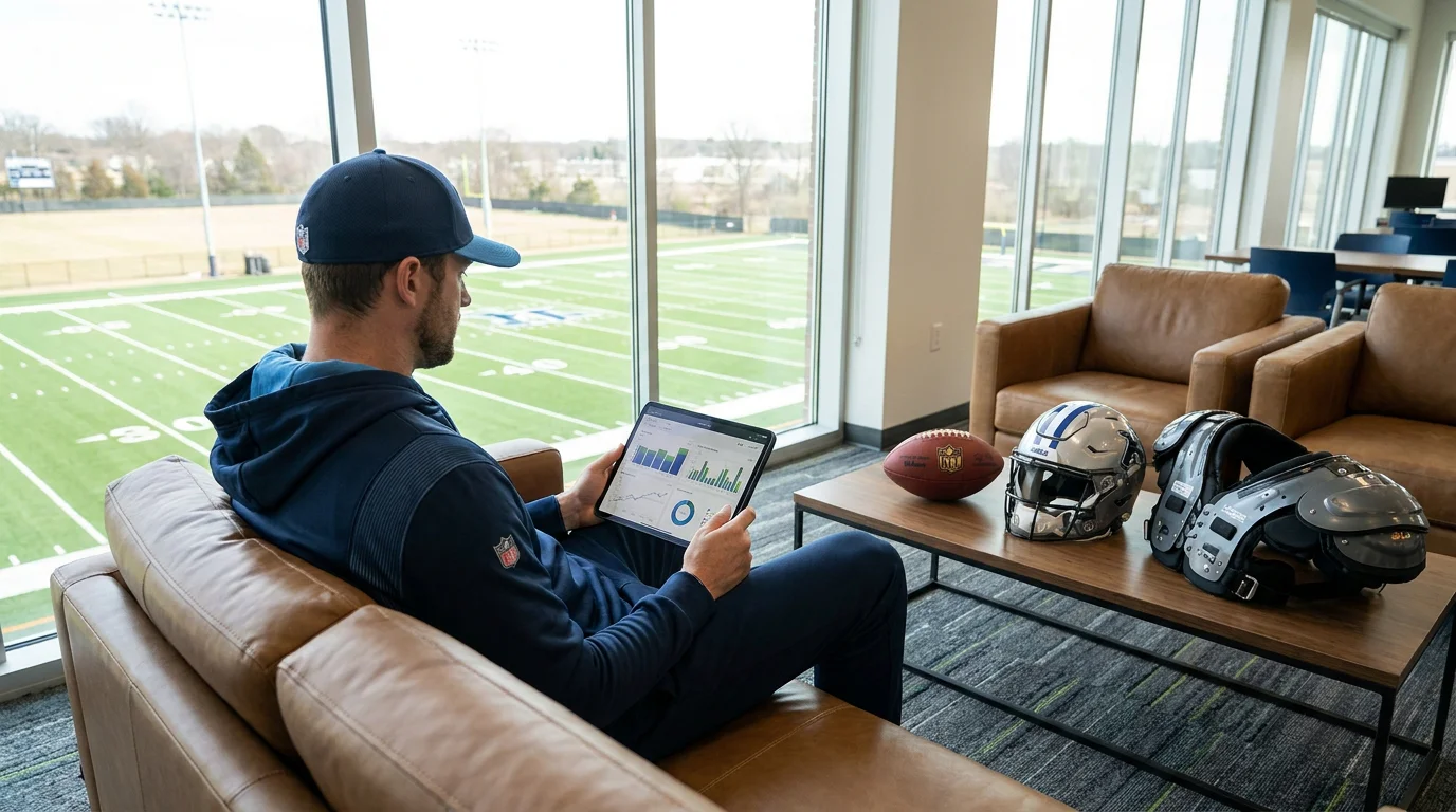 Punter reviewing NFL totals on a tablet during a Sunday viewing routine