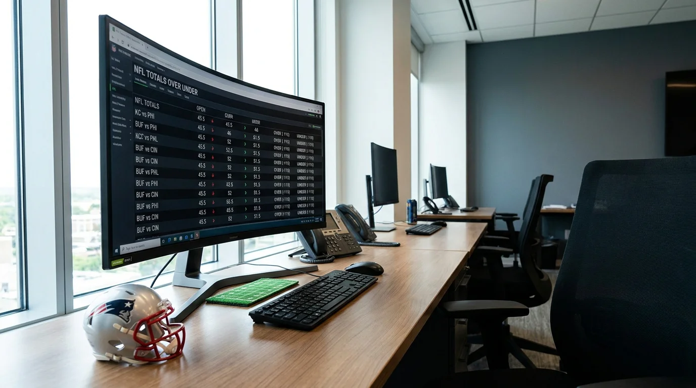 Bookmaker trading desk monitor showing NFL totals market with shifting over under prices