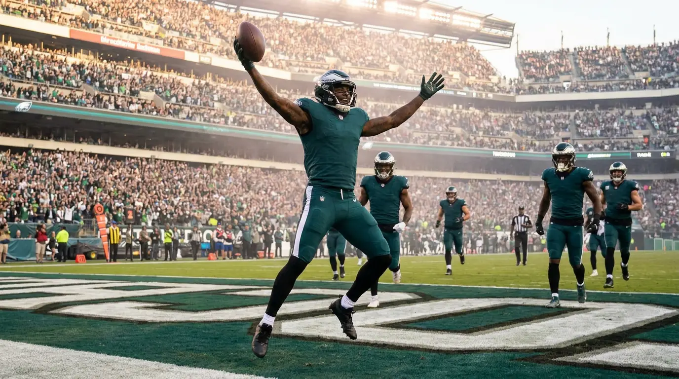 NFL wide receiver celebrating a touchdown in the endzone for an anytime scorer market