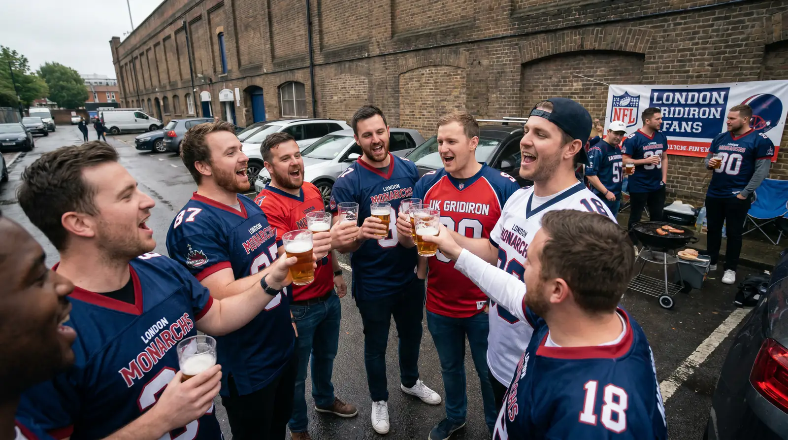 British NFL fans in jerseys celebrating during a London Games tailgate event