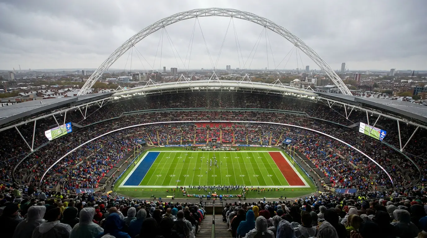 Wembley Stadium packed for an NFL London Games fixture with end-zone branding visible