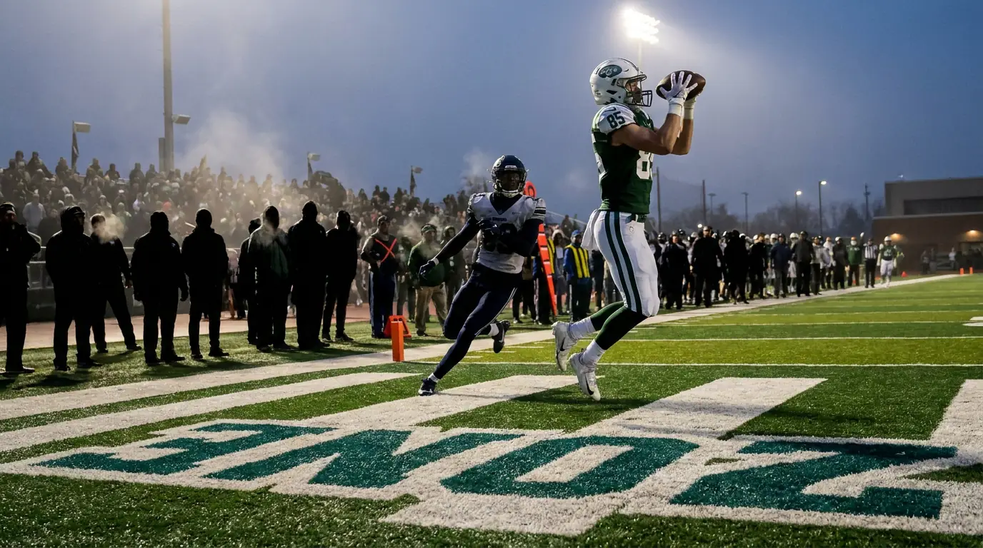 Wide receiver catching a touchdown pass in the back of the end zone