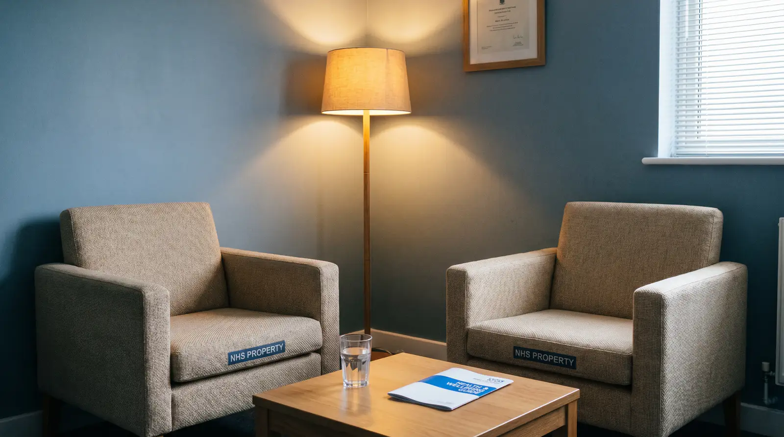 NHS gambling harm clinic counselling room set up for a one-to-one treatment session