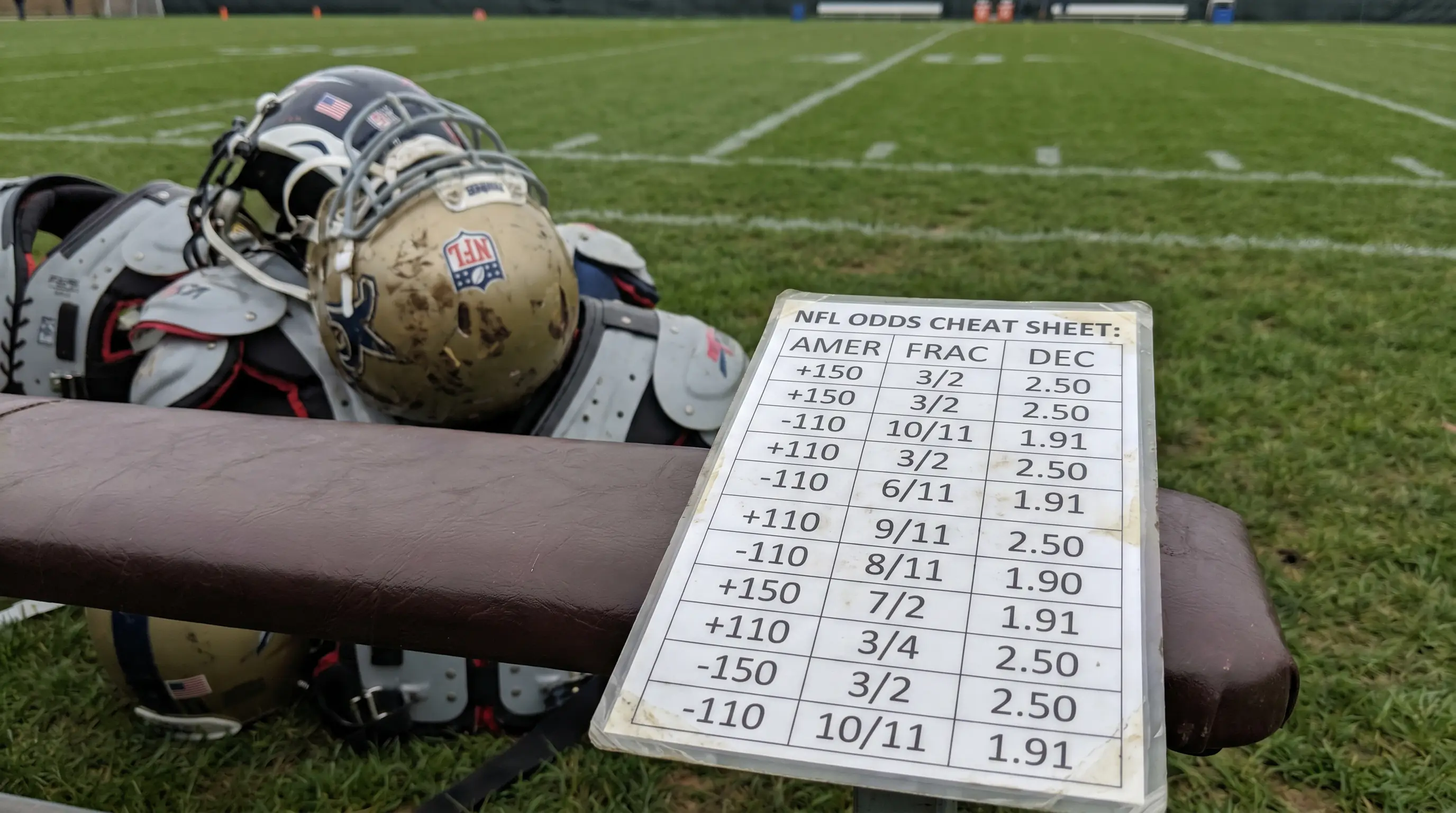 Printed cheat sheet table mapping American to fractional and decimal NFL odds