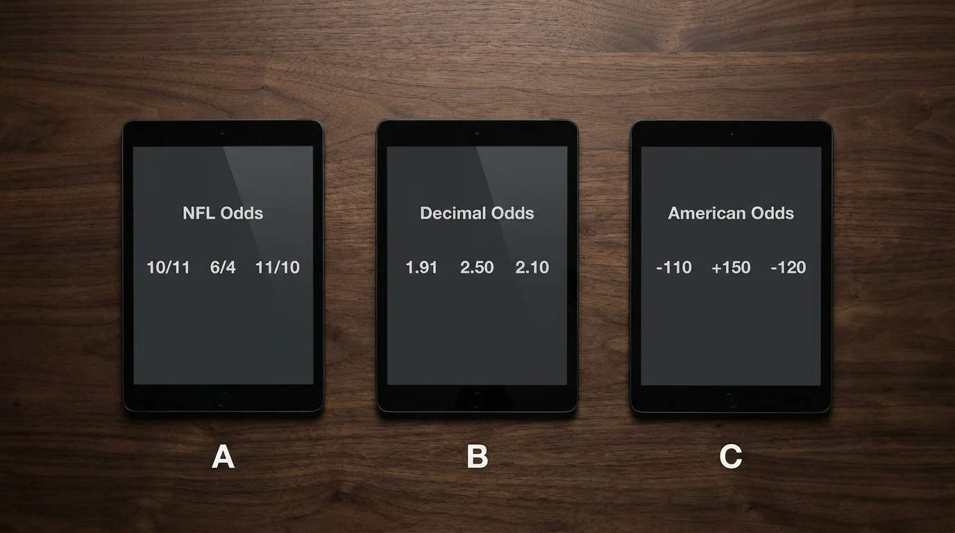 Side-by-side display of fractional, American and decimal odds for the same NFL fixture