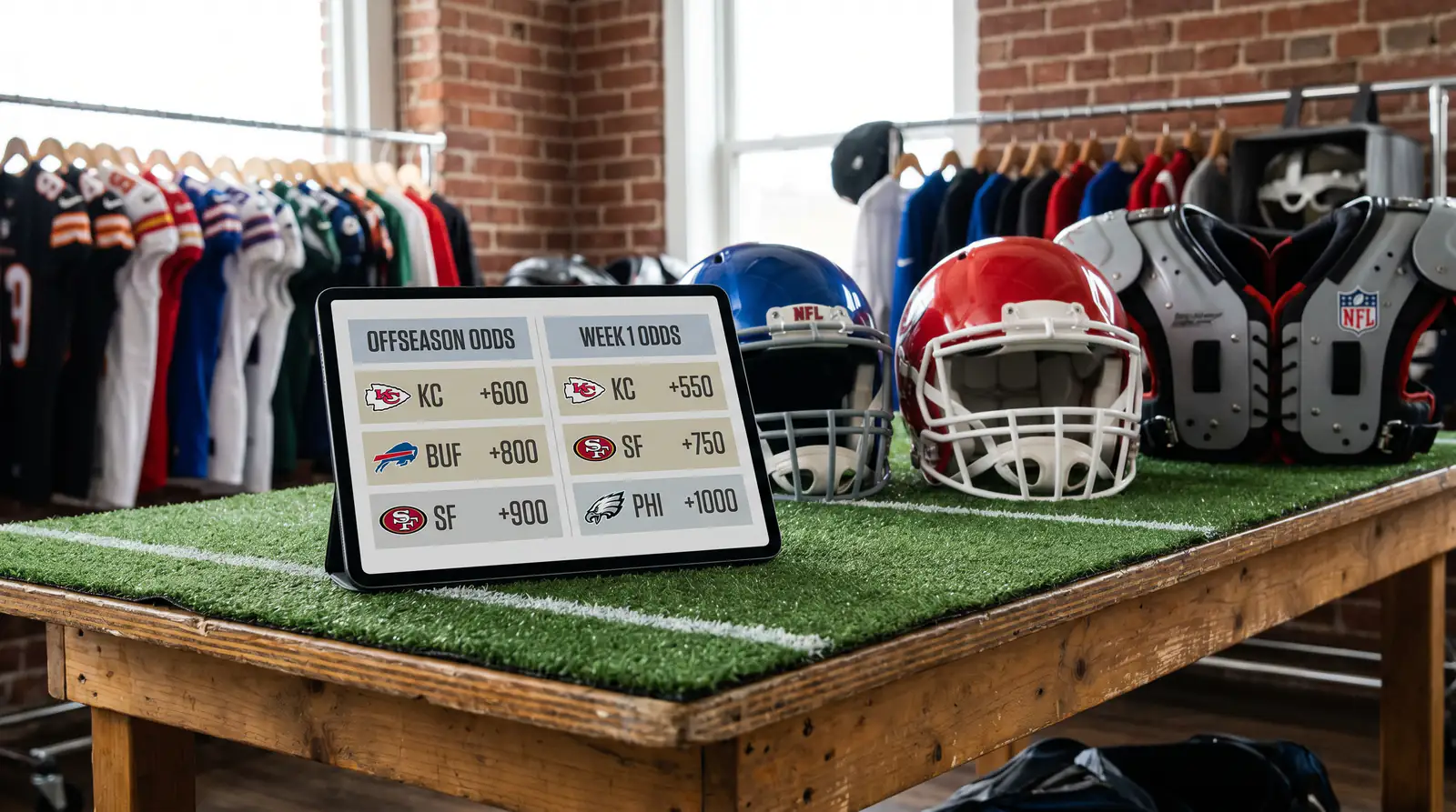 Side by side comparison of NFL offseason and Week One Super Bowl futures prices on a tablet