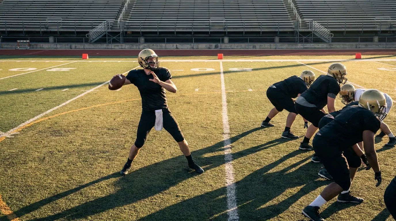 American football quarterback dropping back in the pocket scanning the field