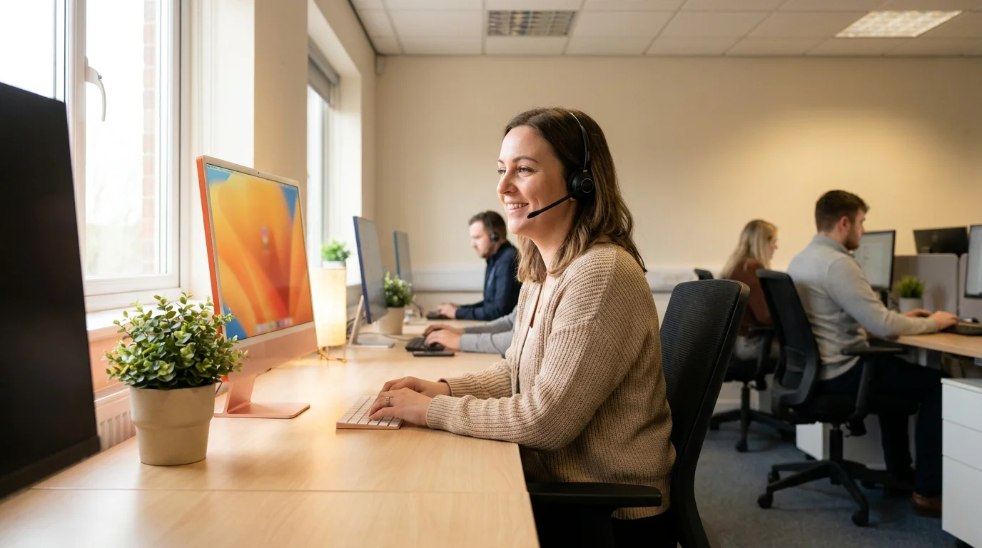Calm advisor on the phone at a UK gambling support helpline office