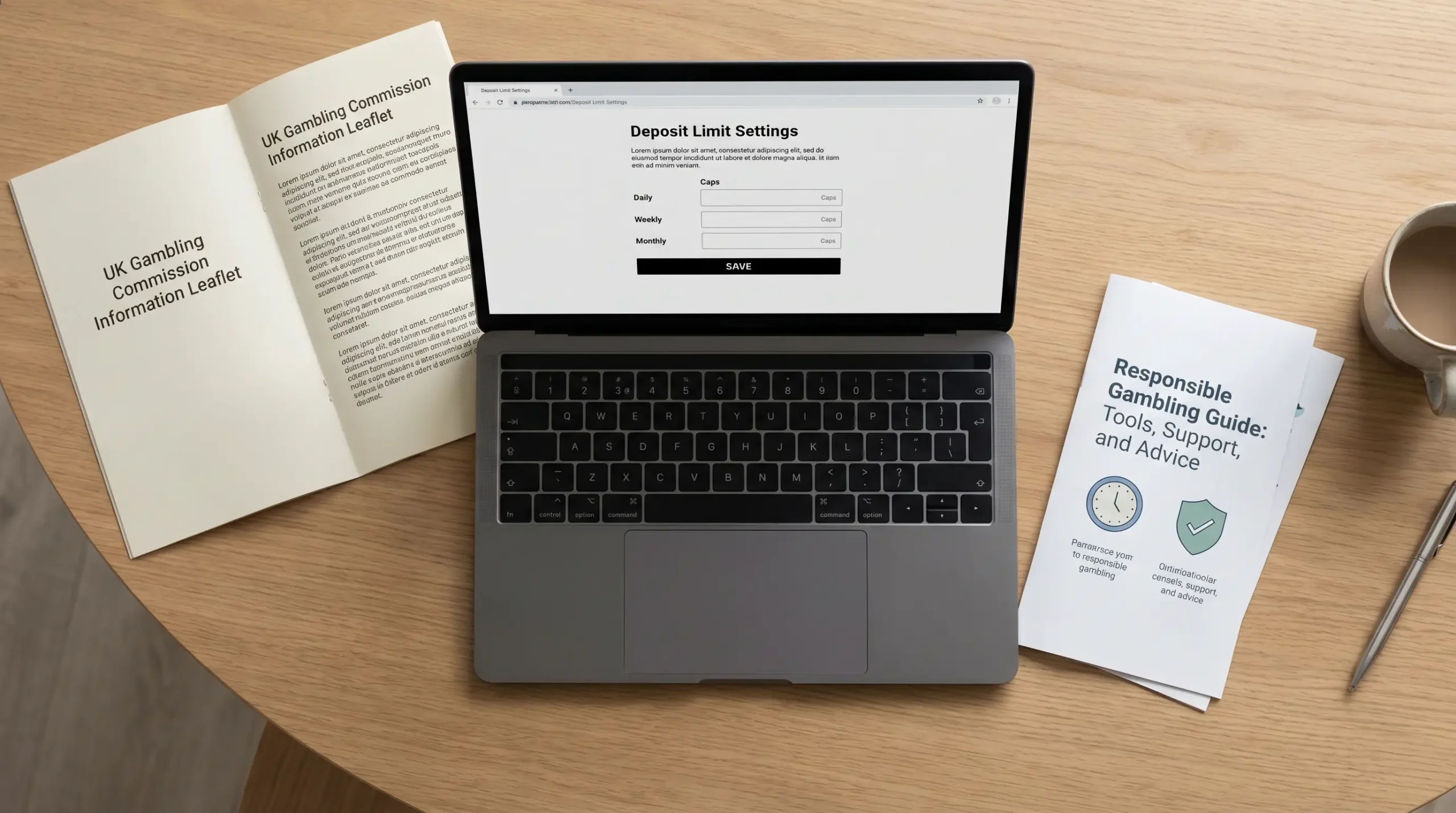 UK gambling regulation documents alongside a responsible betting deposit limit screen