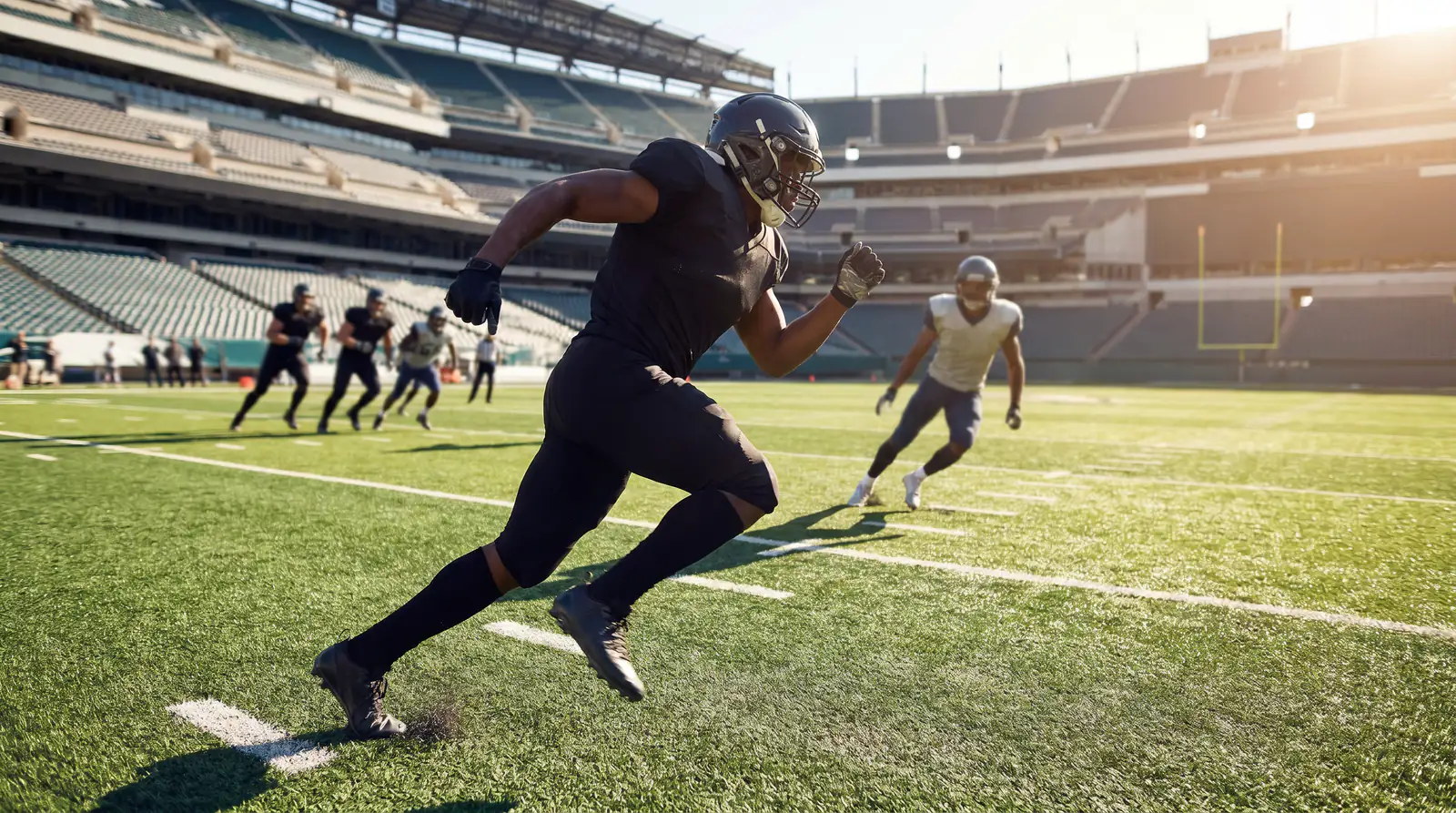 American football running back breaking into the open field on a long run with defenders trailing