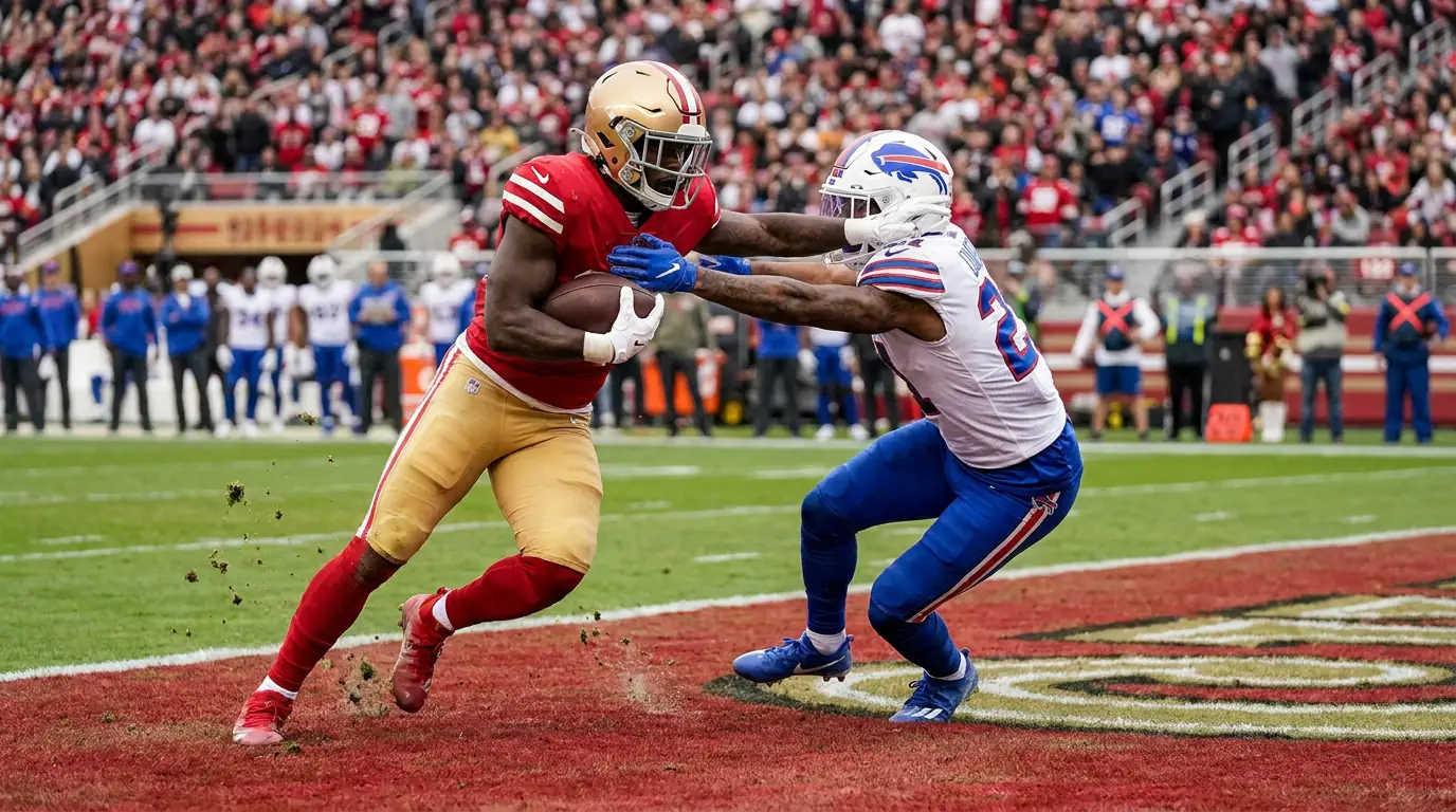 Running back carrying the ball into the red zone with defenders closing in