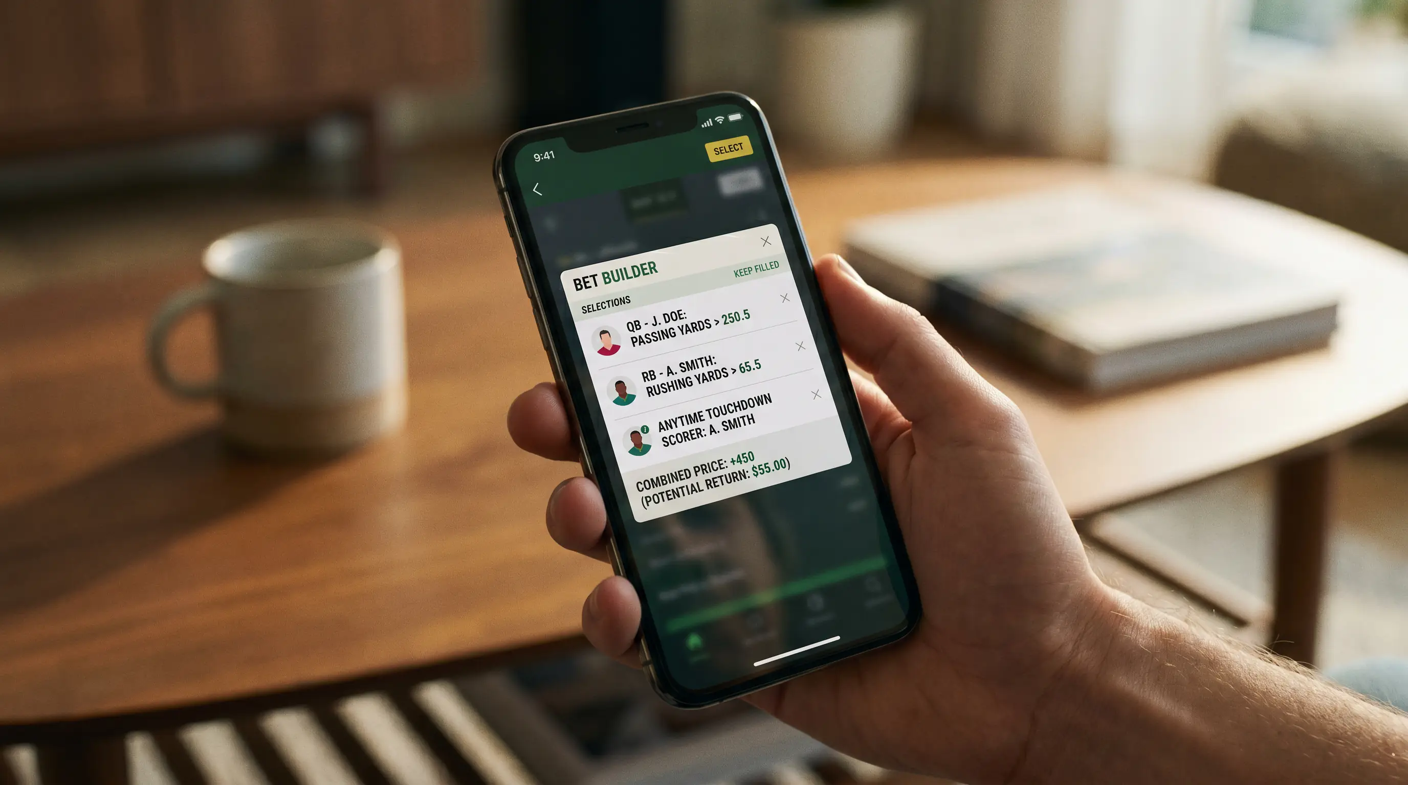 Mobile bet builder screen constructing a same-game multi with three player prop legs