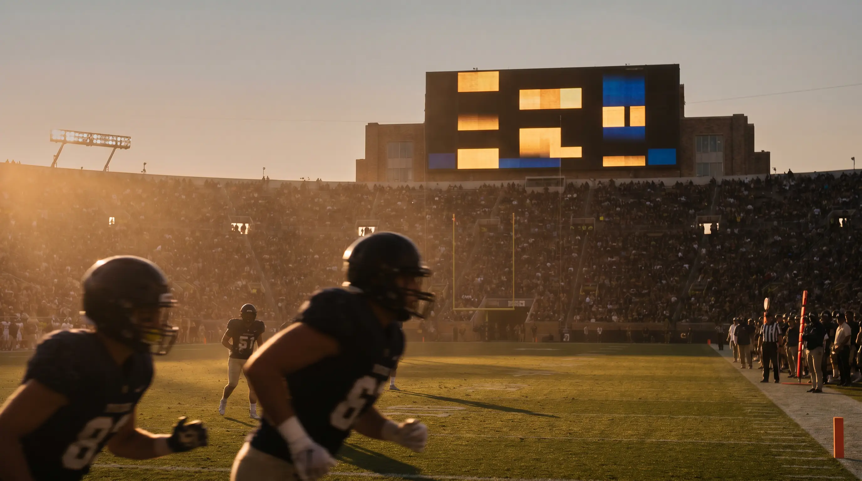 Stadium clock and game scoreboard during the late stages of an NFL game with players on the field