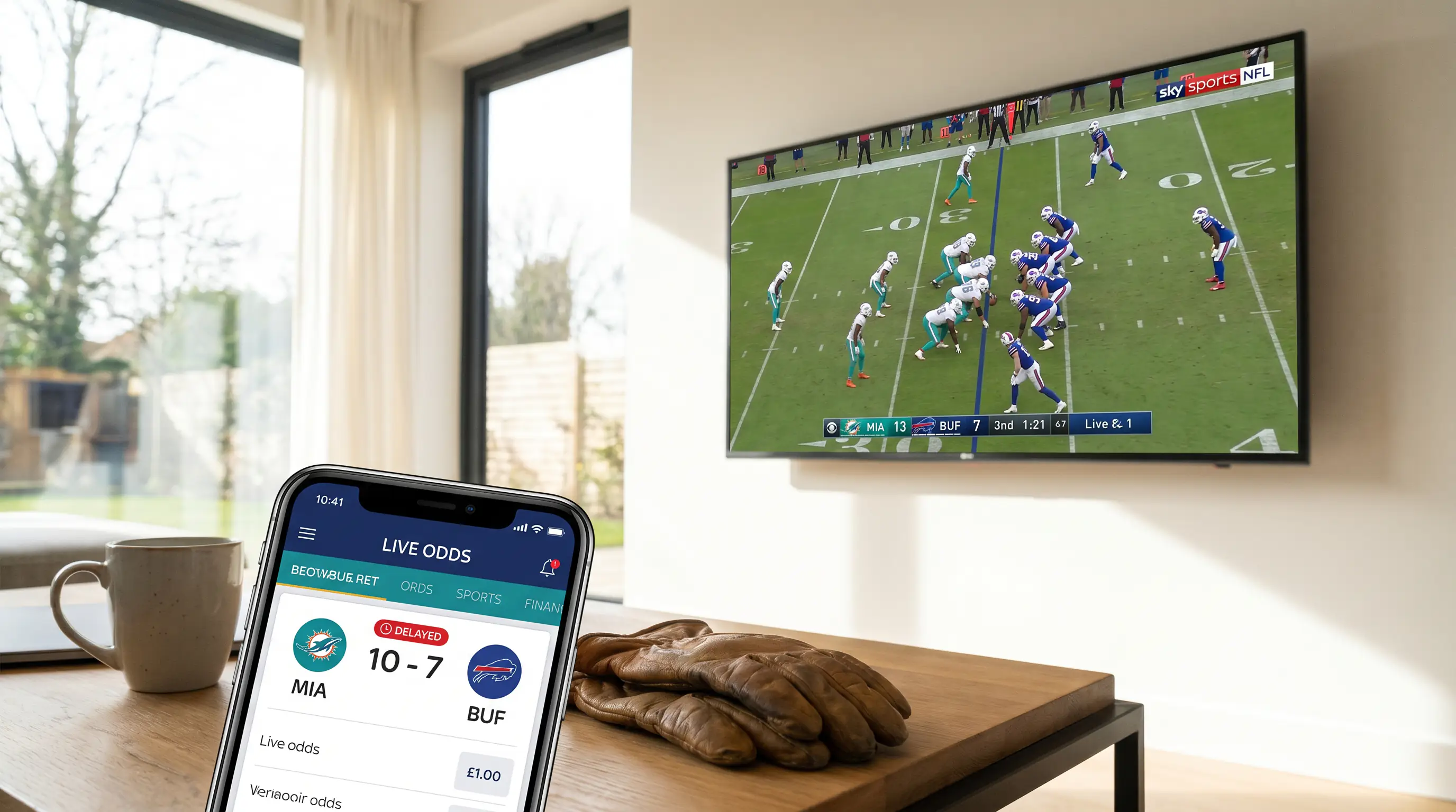 Sky Sports NFL broadcast on a television behind a betting app showing a delayed score