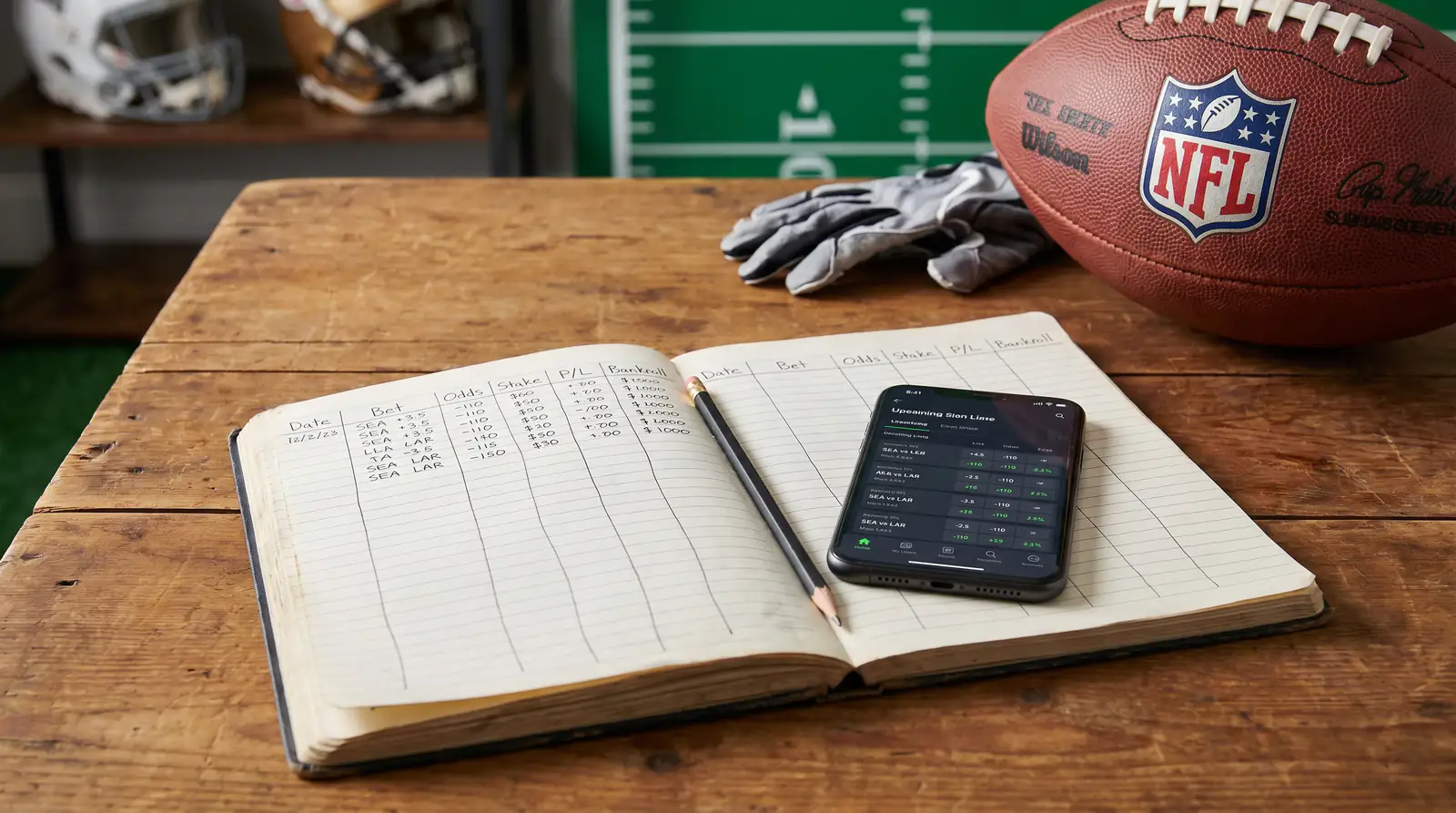 Bankroll tracking notebook open beside an NFL betting app showing modest edge bets