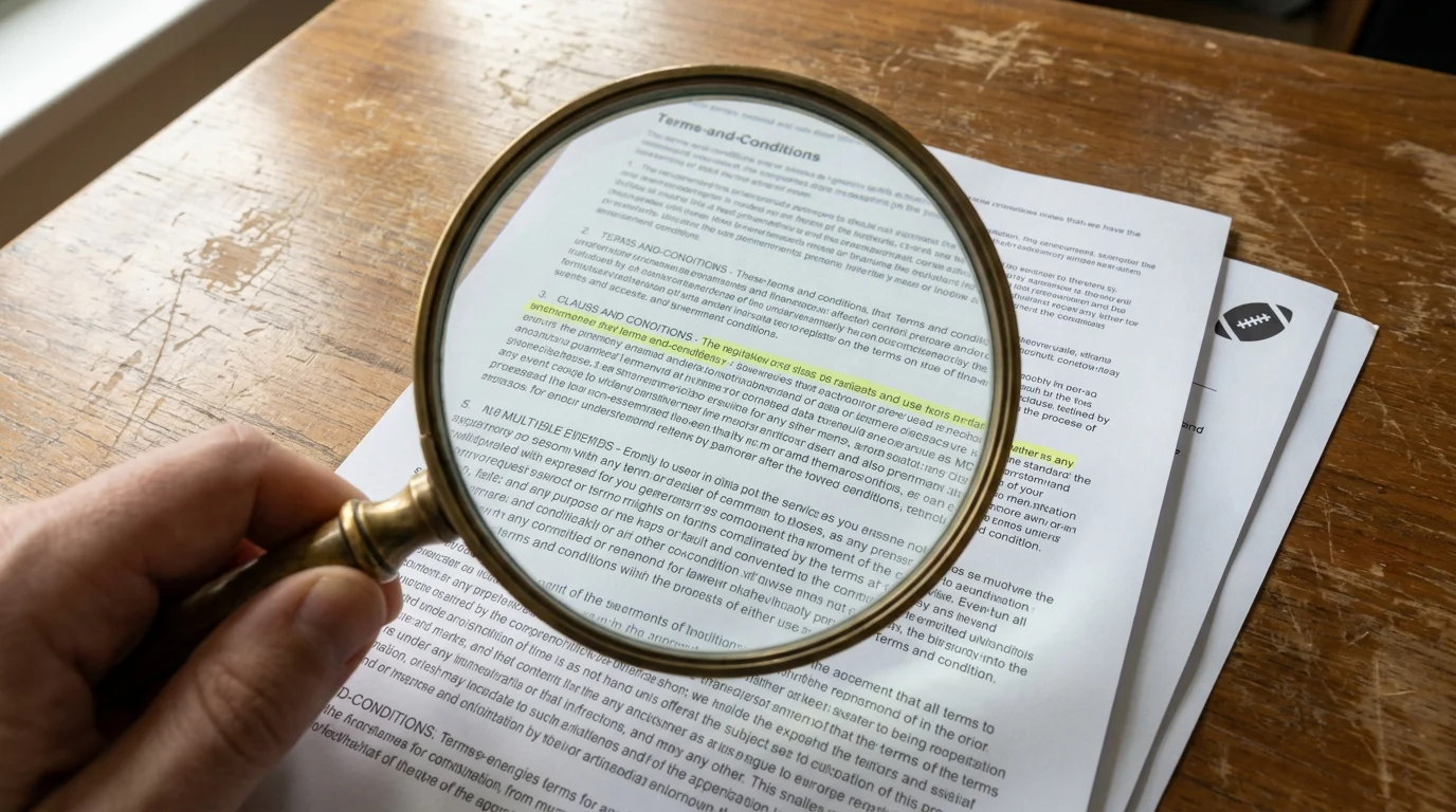 Magnifying glass over dense small print on a printed NFL welcome offer terms document