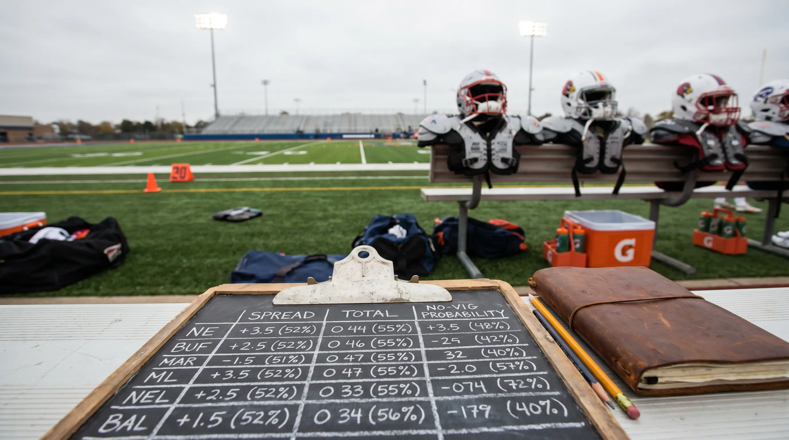 NFL spread and totals markets annotated with no-vig probability calculations