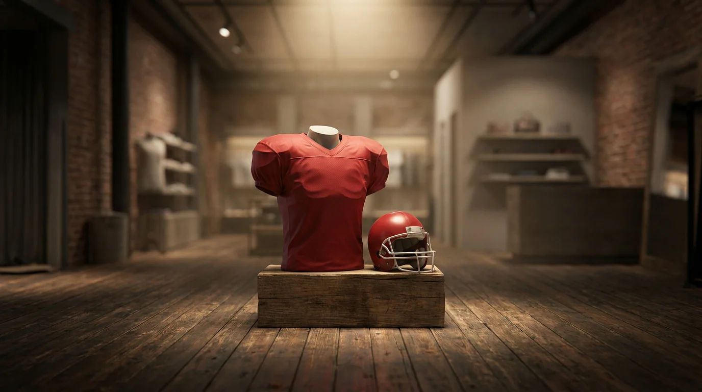 Display stand featuring a replica red quarterback American football jersey with helmet beside it