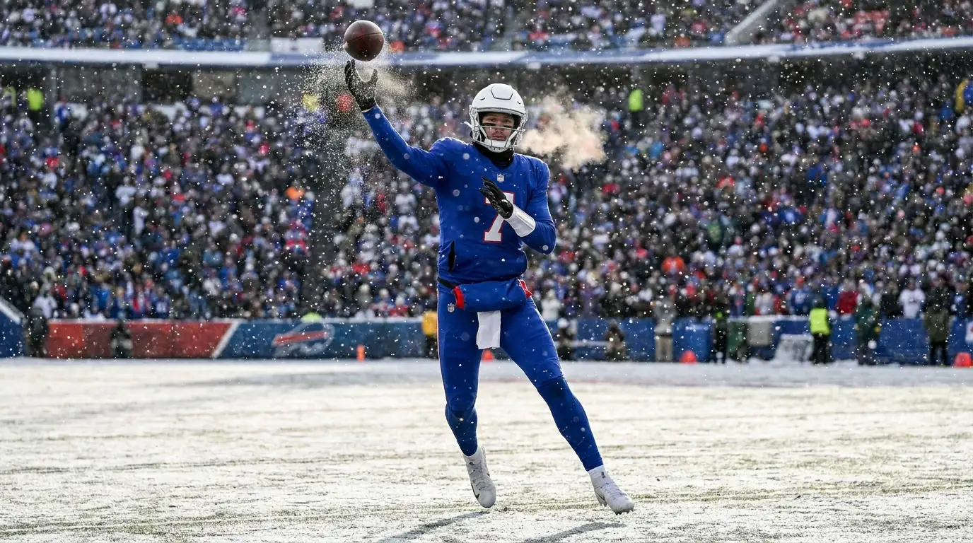 American football quarterback in royal blue kit throwing a pass during a snowy game
