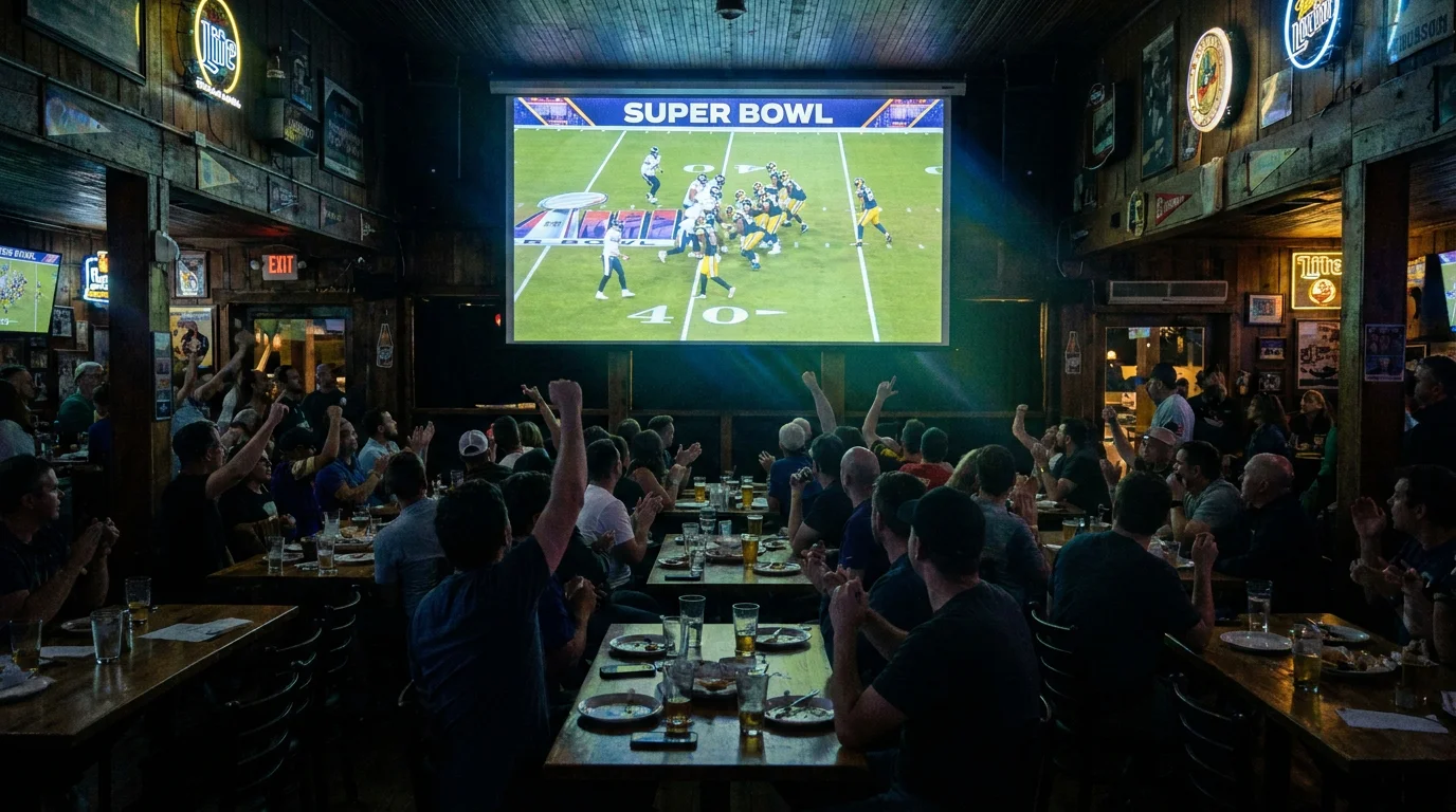 Super Bowl betting handle analysis with stadium scoreboard in the background