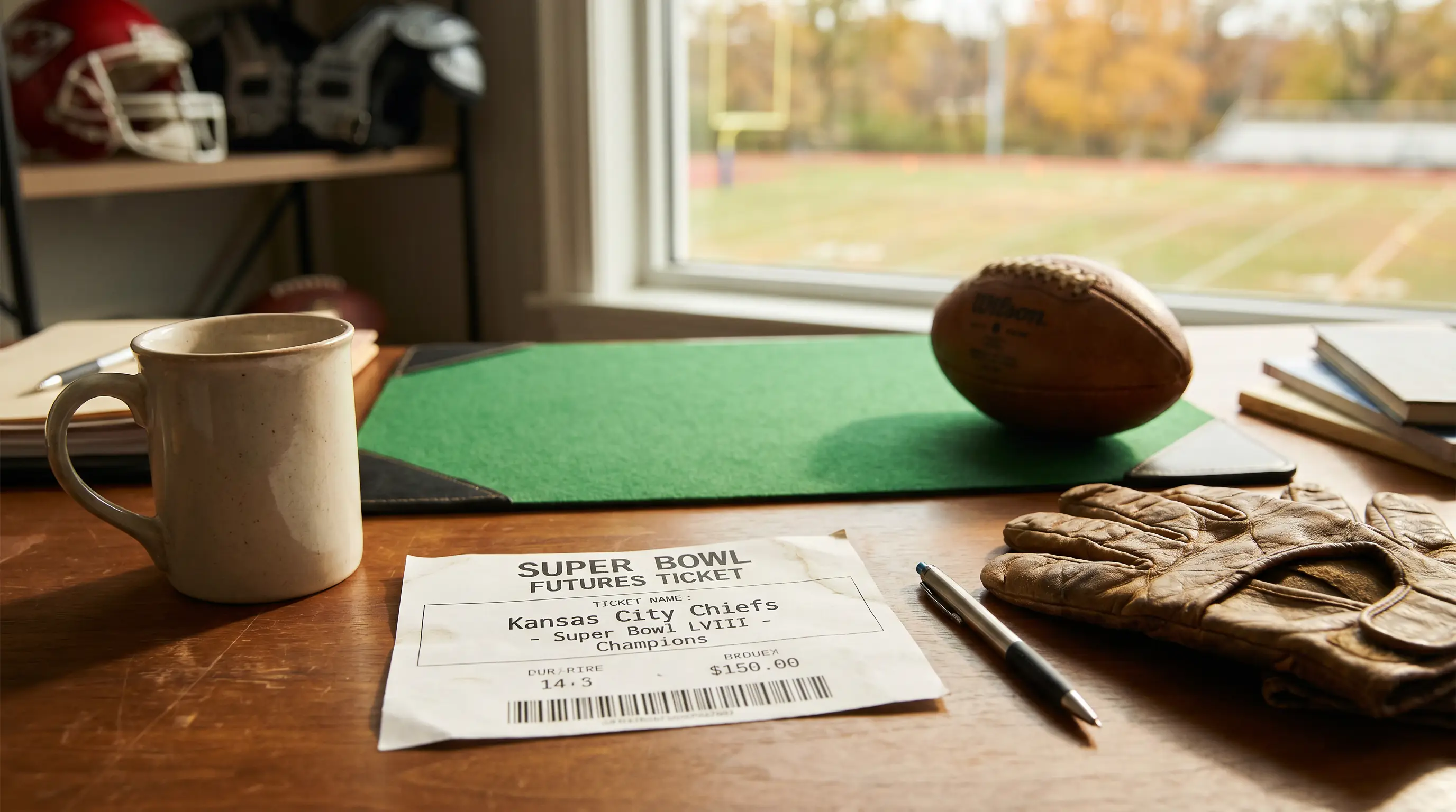 Printed Super Bowl winner futures ticket sitting on a desk through the season