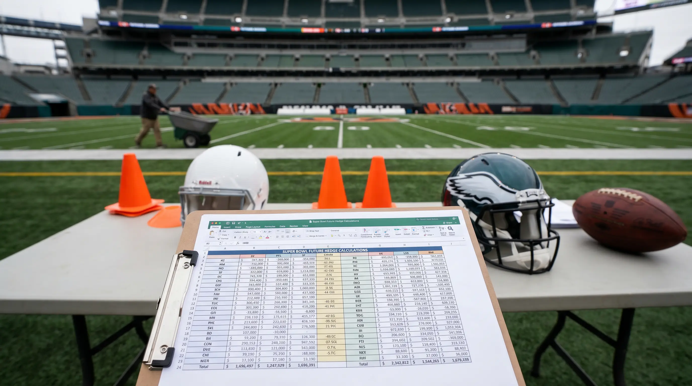 Spreadsheet showing Super Bowl future hedge calculations across remaining playoff teams