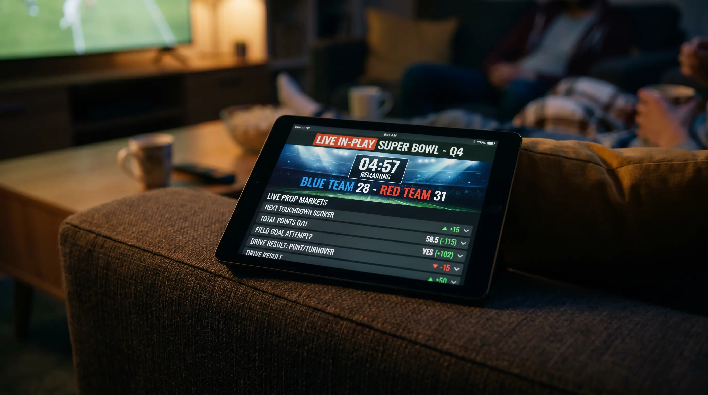 Live in-play Super Bowl betting screen updating during a fourth-quarter drive