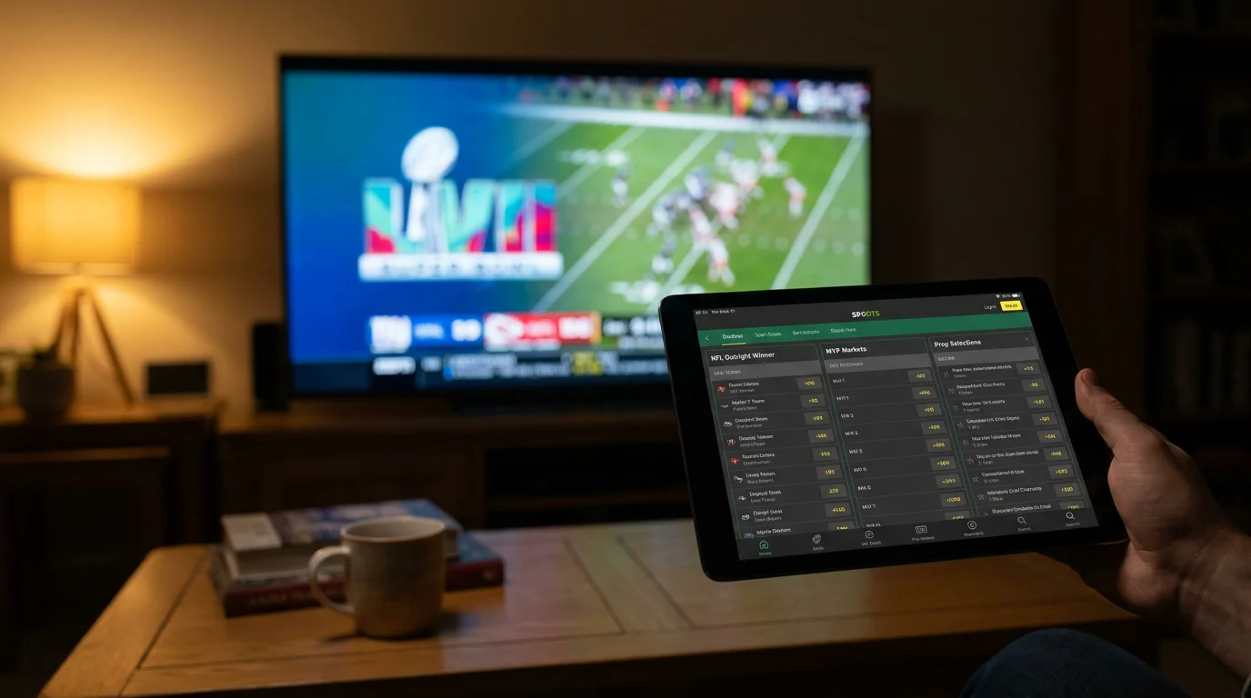 Super Bowl LX betting markets displayed on a UK sportsbook with outright, MVP and prop lines