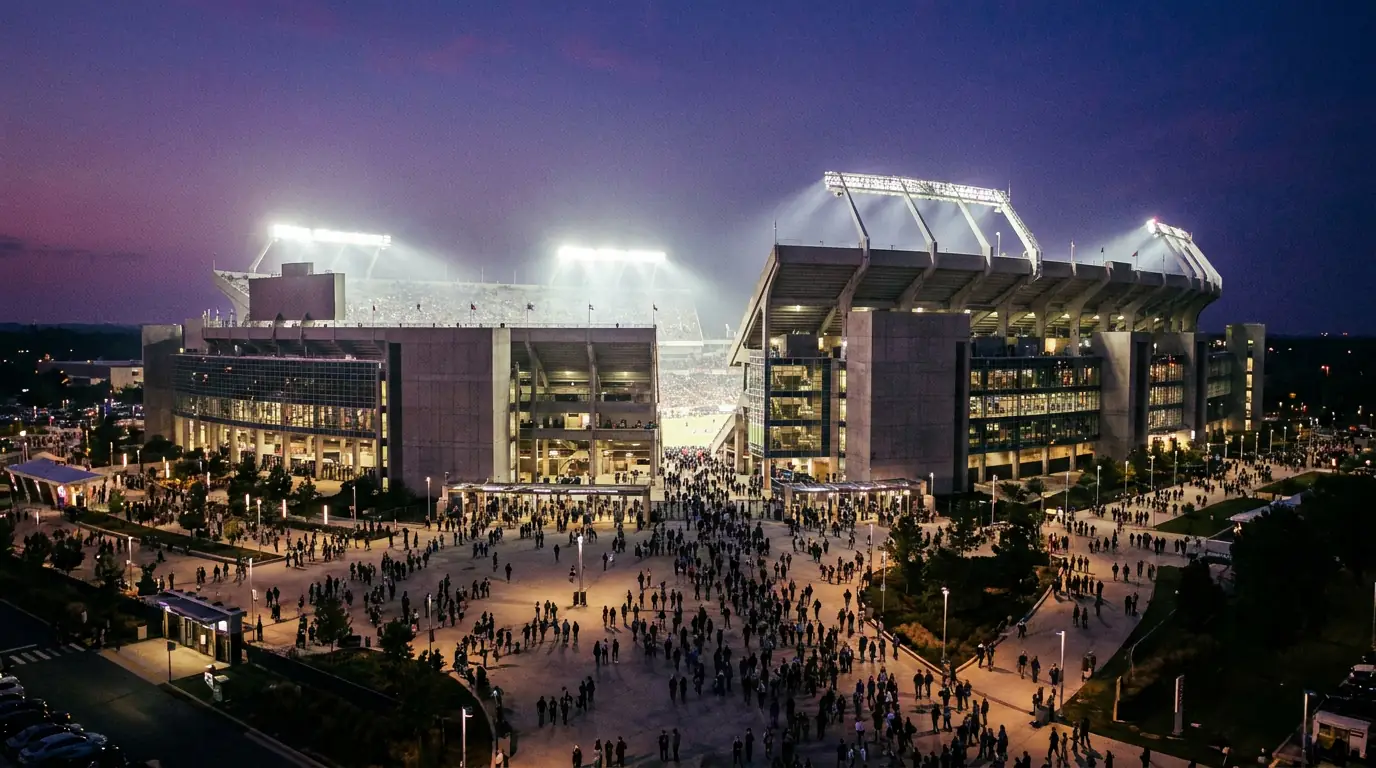 Floodlit NFL stadium at night ahead of Super Bowl LX kickoff with confetti cannons primed