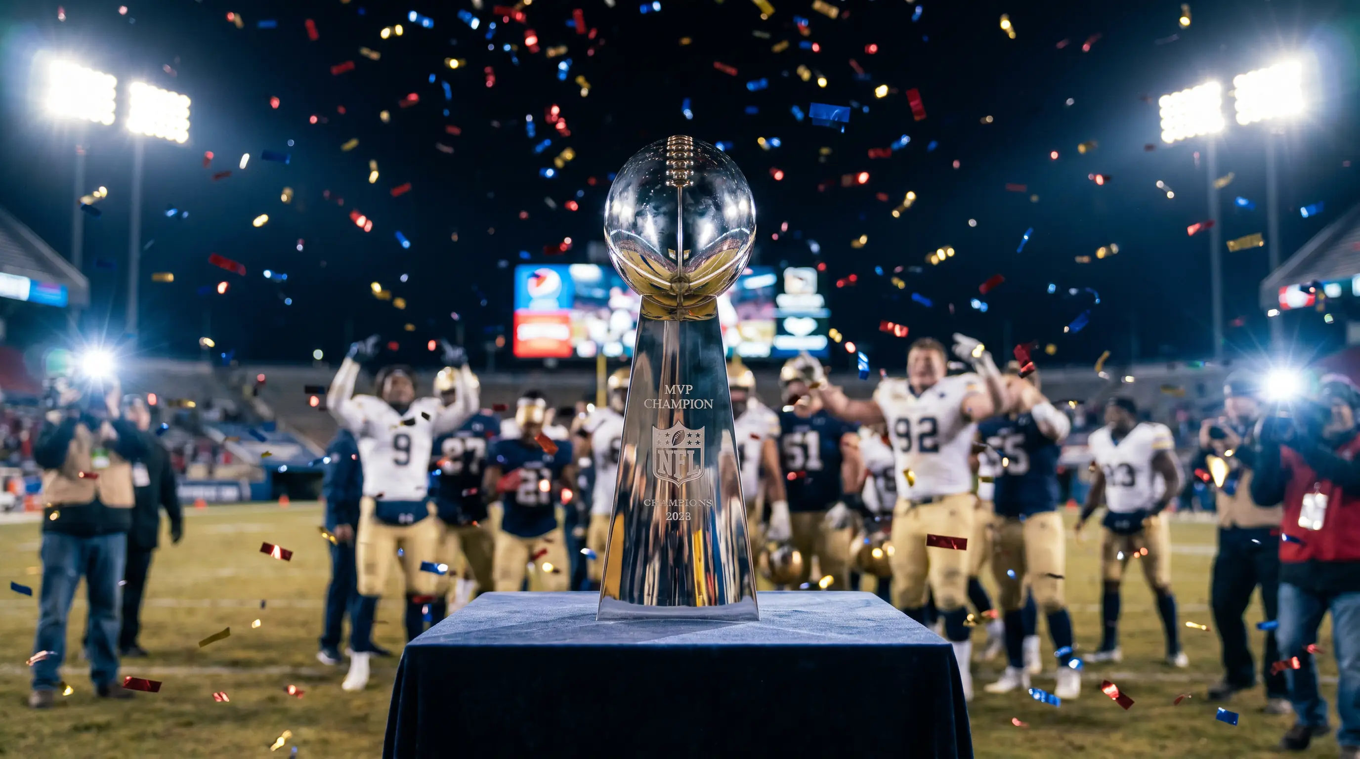 Super Bowl MVP trophy on the post-game podium under stadium lights