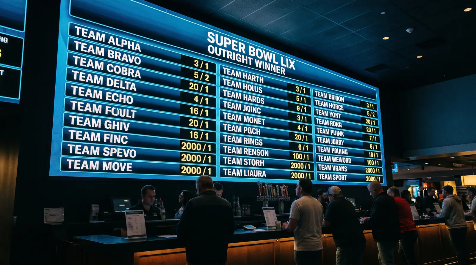 Super Bowl LX outright winner odds board showing all 32 NFL team prices