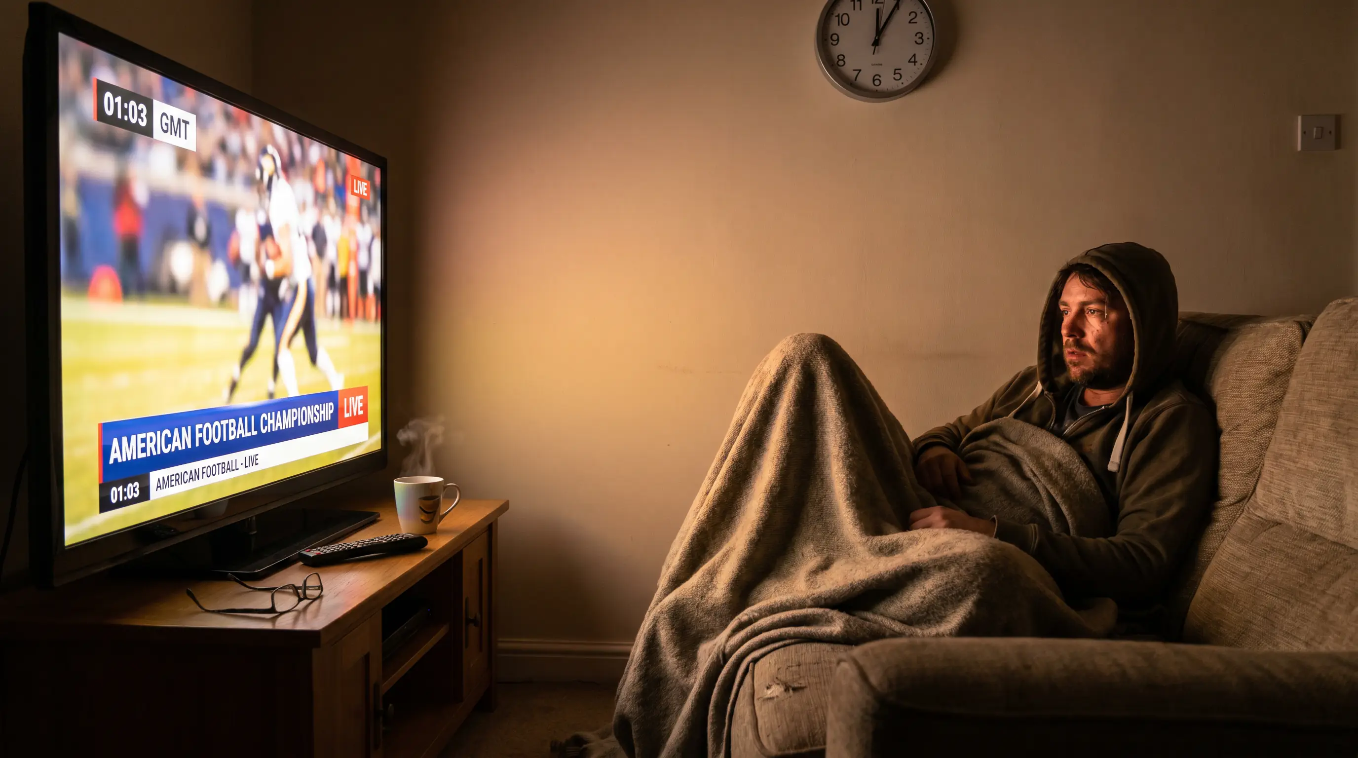 UK viewer watching Super Bowl coverage late at night on a large living room screen