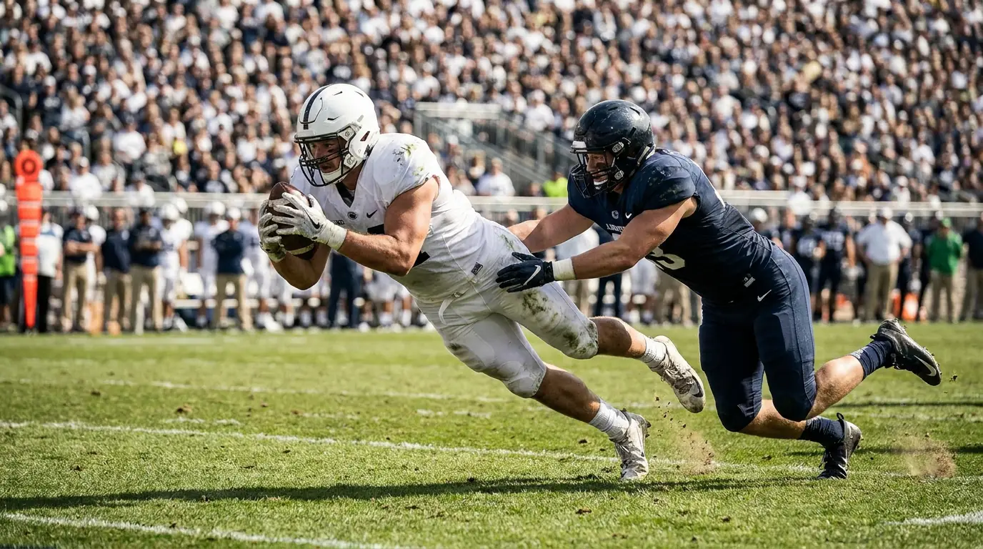 American football tight end catching a pass over the middle with a linebacker closing in