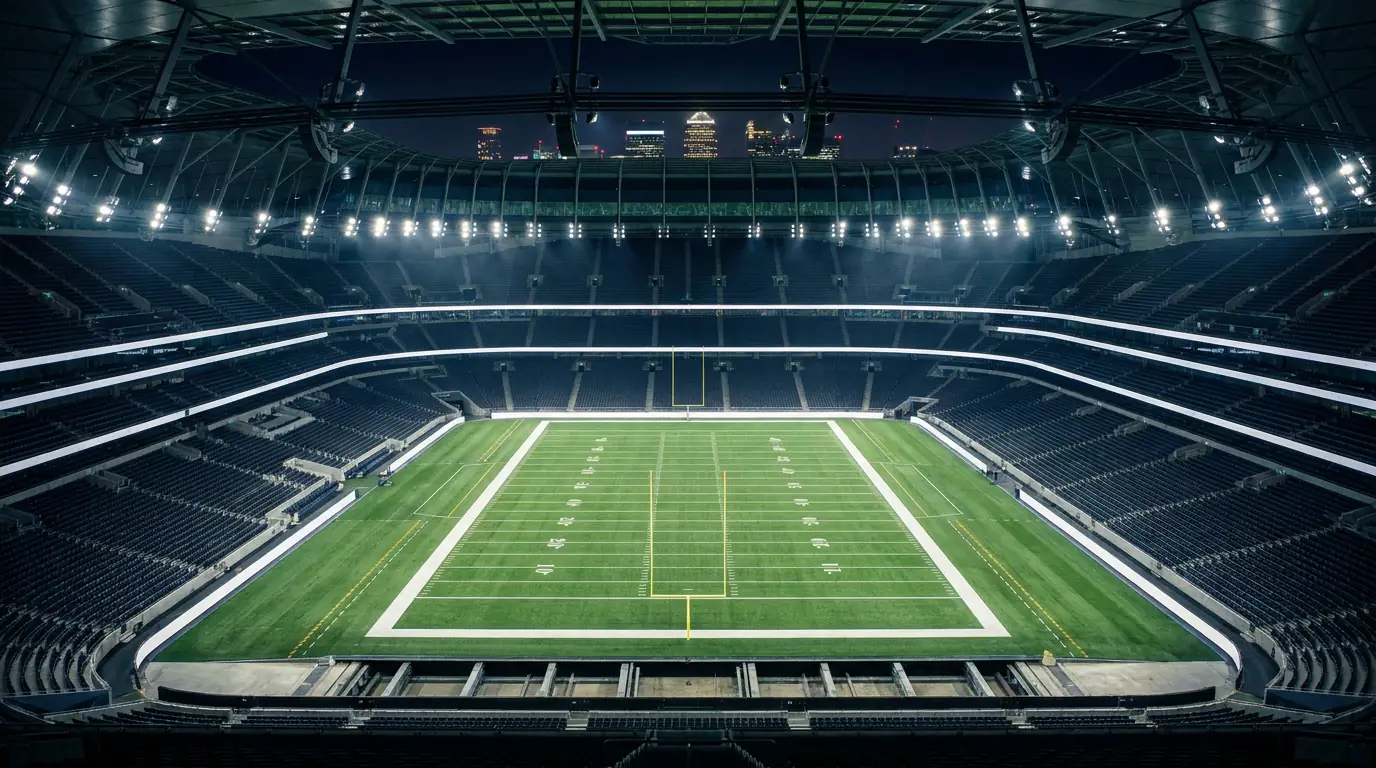 Tottenham Hotspur Stadium configured for an NFL fixture with gridiron field markings