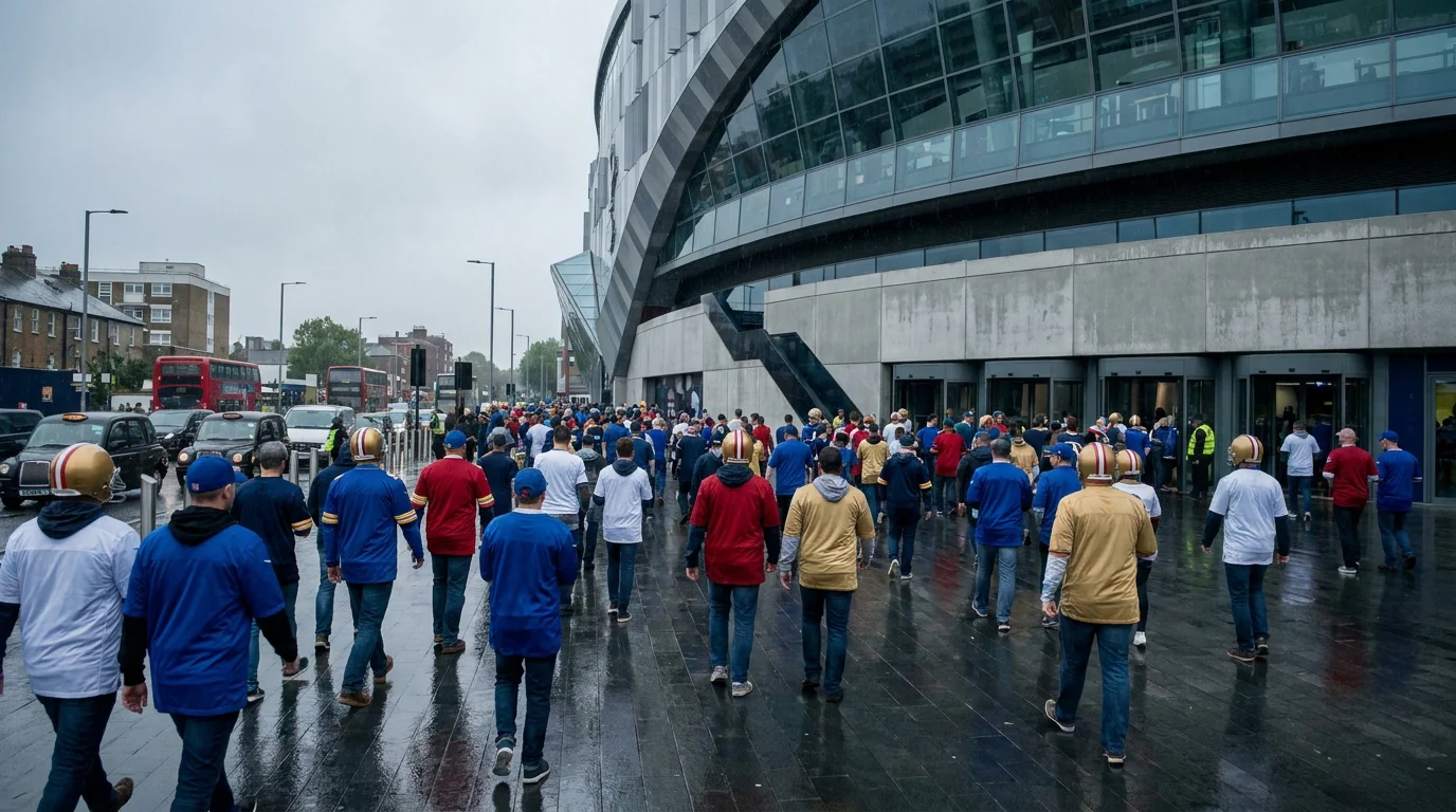 Tottenham Hotspur Stadium exterior on an NFL fixture day with fans arriving in American football jerseys