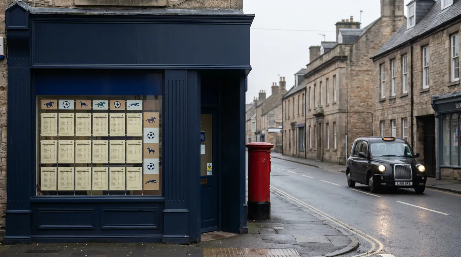 Traditional British high-street betting shop window with NFL fixtures advertised