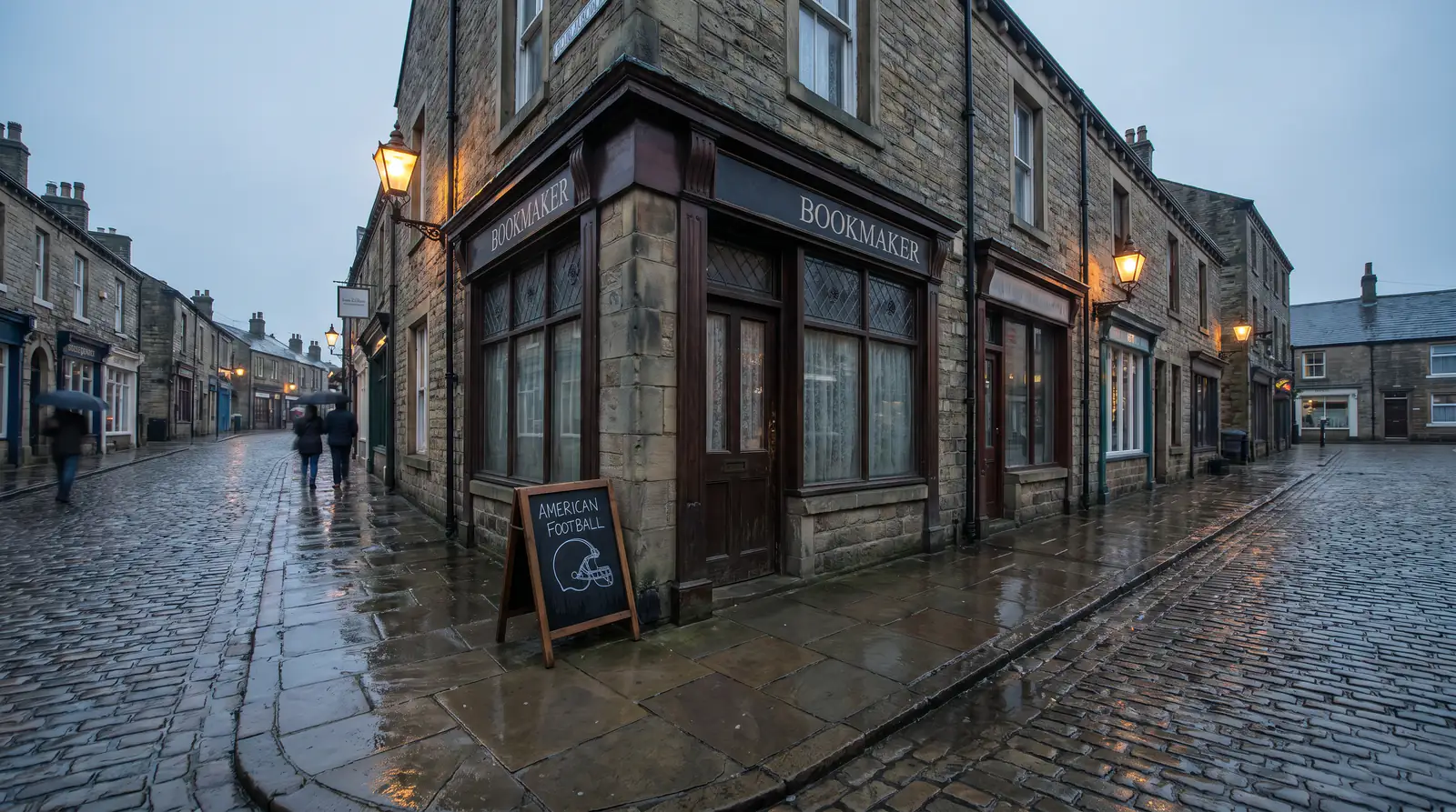 Heritage British bookmaker shopfront on a quiet UK high street in early morning