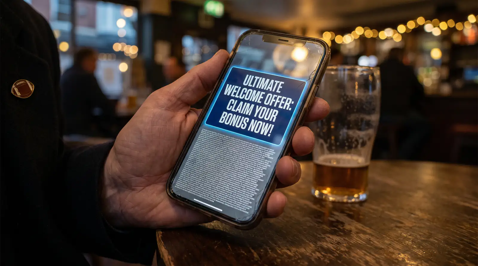 NFL bookmaker welcome offer marketing banner with bold headline next to fine print terms