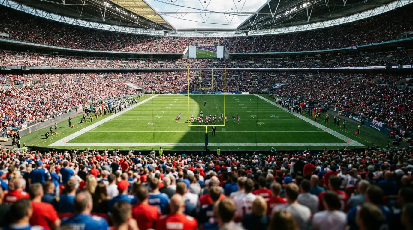 View from the stands of an American football pitch laid out on Wembley grass with goalposts in place