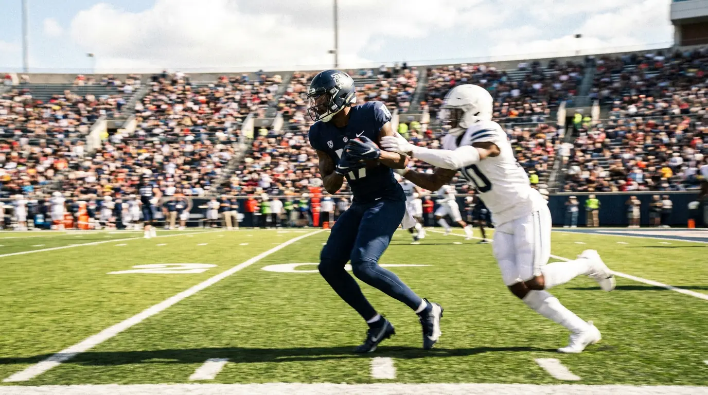 American football wide receiver running a route with a cornerback in tight man coverage